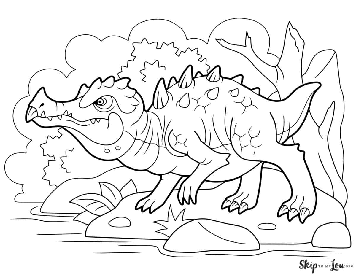 Black and white coloring page with a crocodilian reptile creature with a spiked mouth and back, standing at the edge of the swamp, by Skip to my Lou.