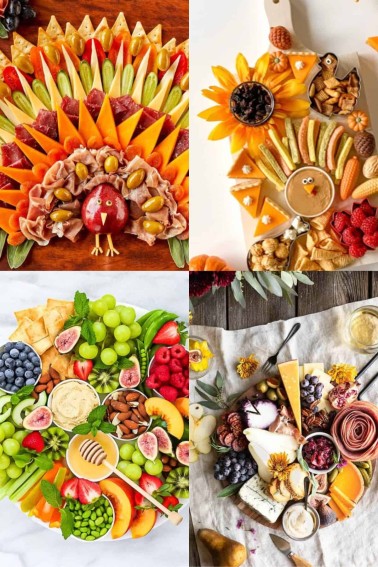 collage of top view images of Thanksgiving board recipes