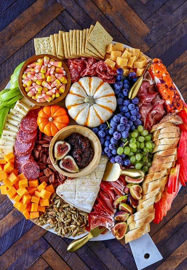 Image shows a Fall-themed charcuterie board.