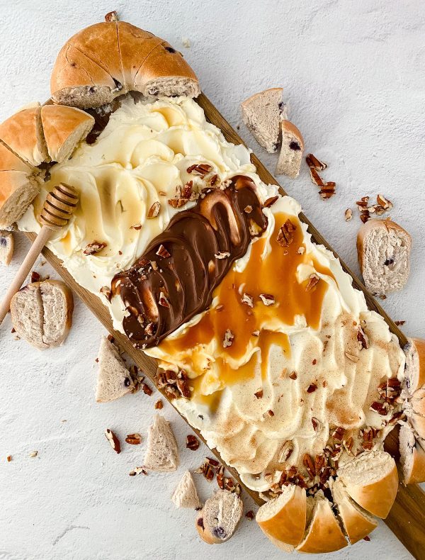 Image shows a cream cheese charcuterie board.