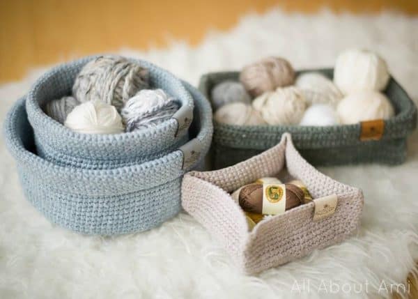 crochet containers on white fur skip to my lou 