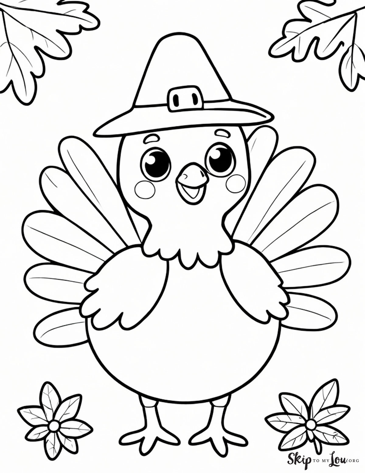 cute turkey with pilgrim and leaves in corners coloring page