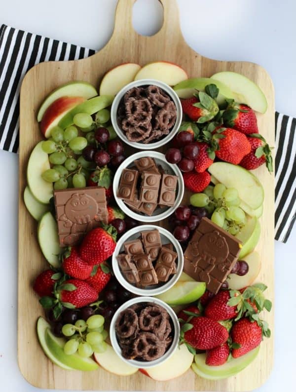 Image shows a chocolate and fruit dessert board. via gluesticks