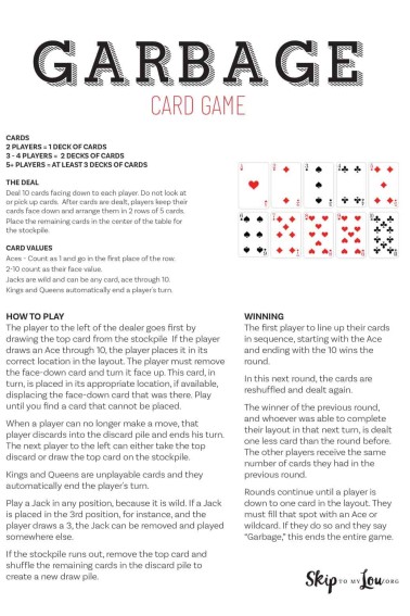 Garbage card game rules & cheet sheat from skip to my lou
