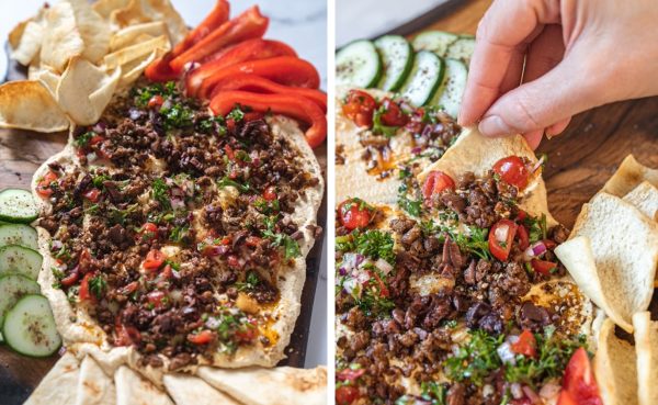 Image shows two photos of a hummus dip charcuterie board with nan bread.