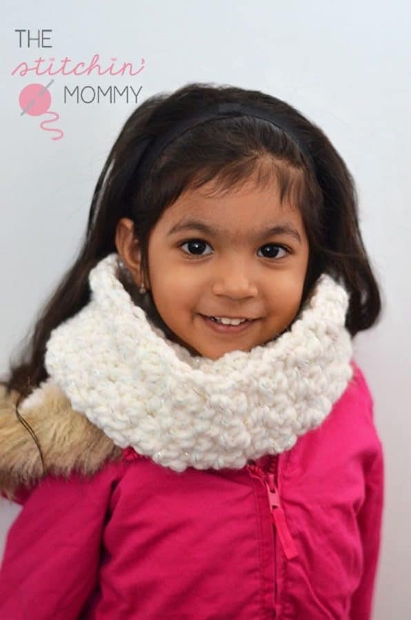 white sparkle cowl on little girl with s white background skip to my lou