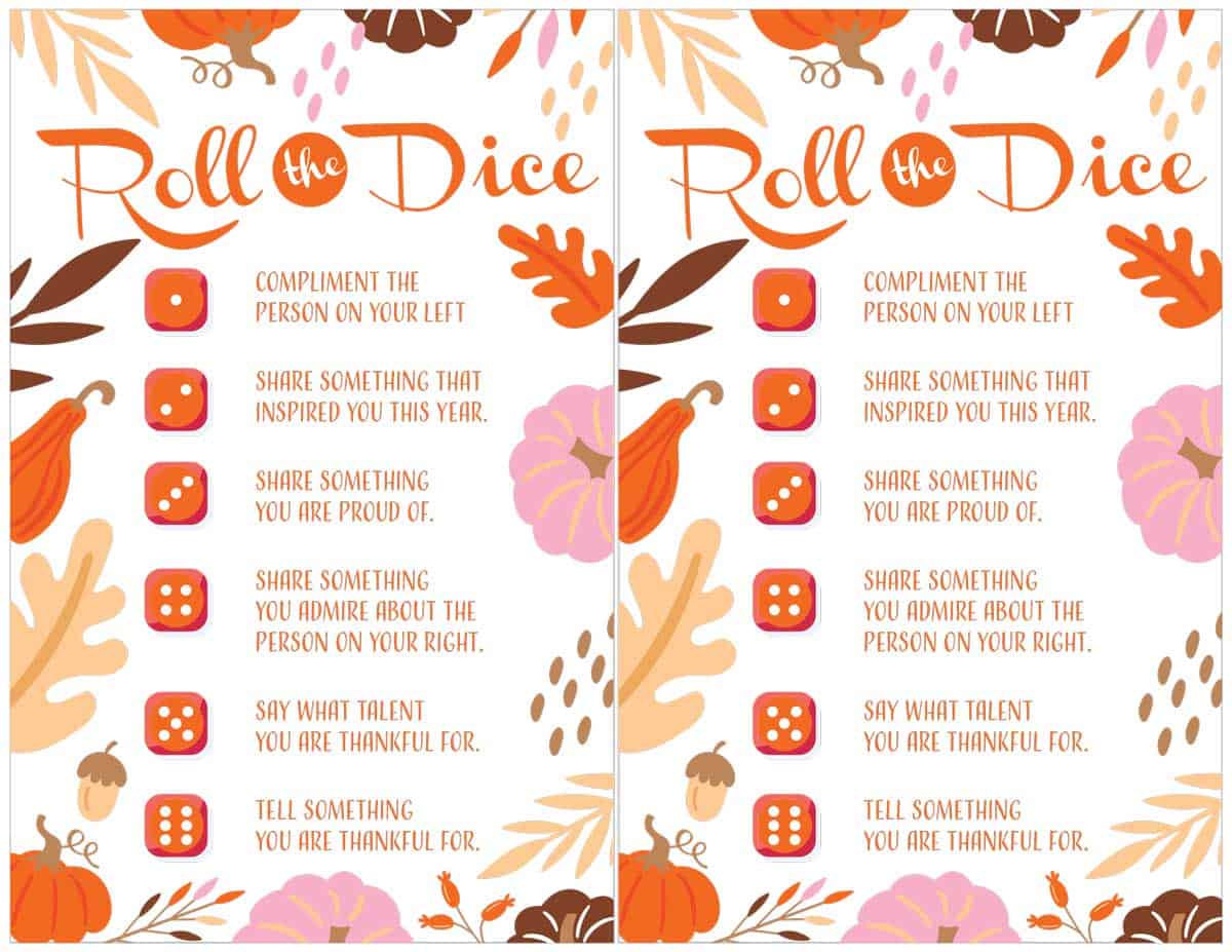 Image shows two printable Roll the dice game with instructions and Autumn decorations.