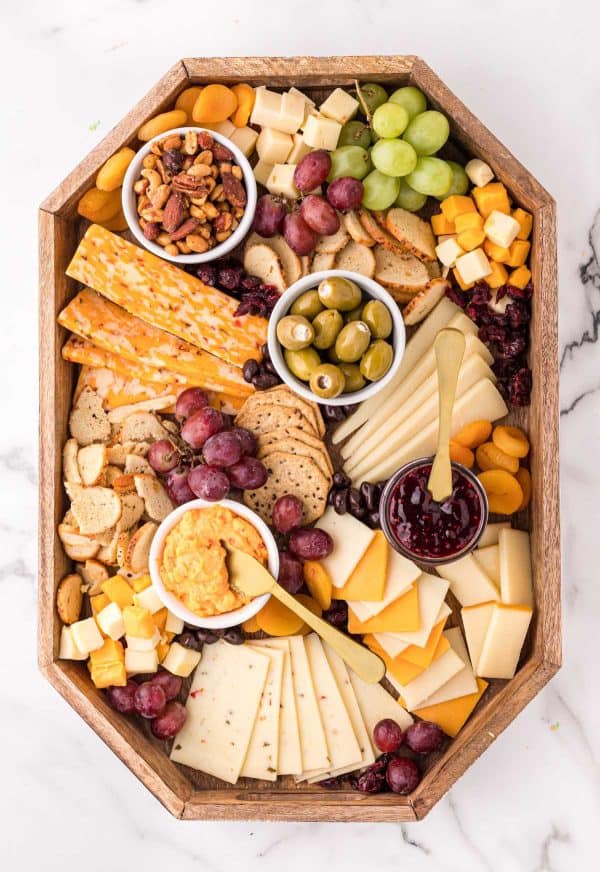 whipped cheese board from easy appetizers with a variety of cheeses and snacks.