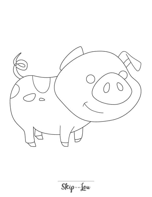 Black and white cartoon drawing of a smiling pig standing on all four feet with a curly tail by Skip to my Lou.