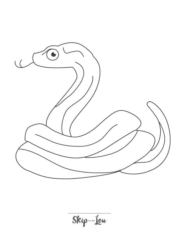 Black and white drawing of a coiled snake with its tongue out facing left by Skip to my Lou.