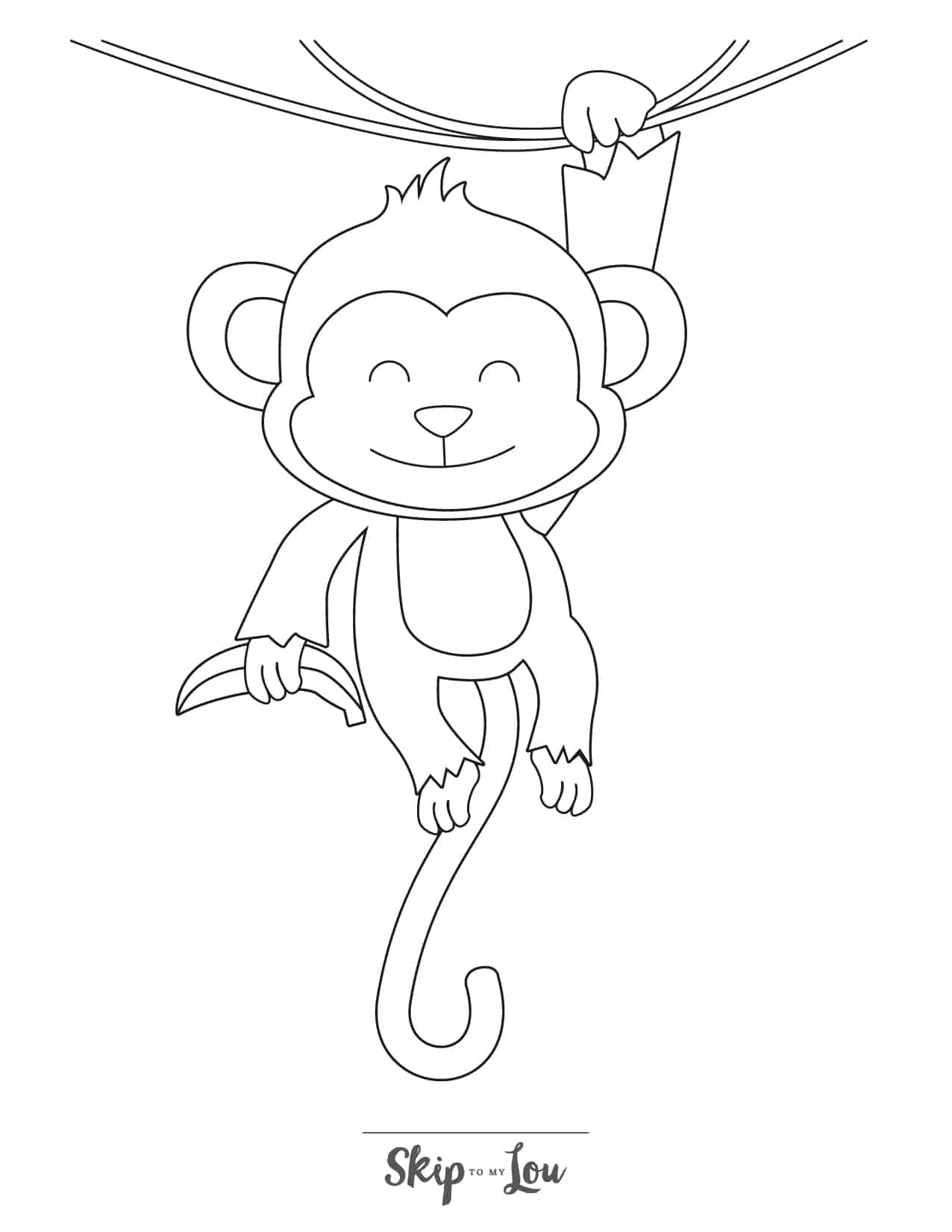 Black and white drawing of a monkey hanging by one hand, closing its eyes and holding a banana in its other hand by Skip to my Lou.