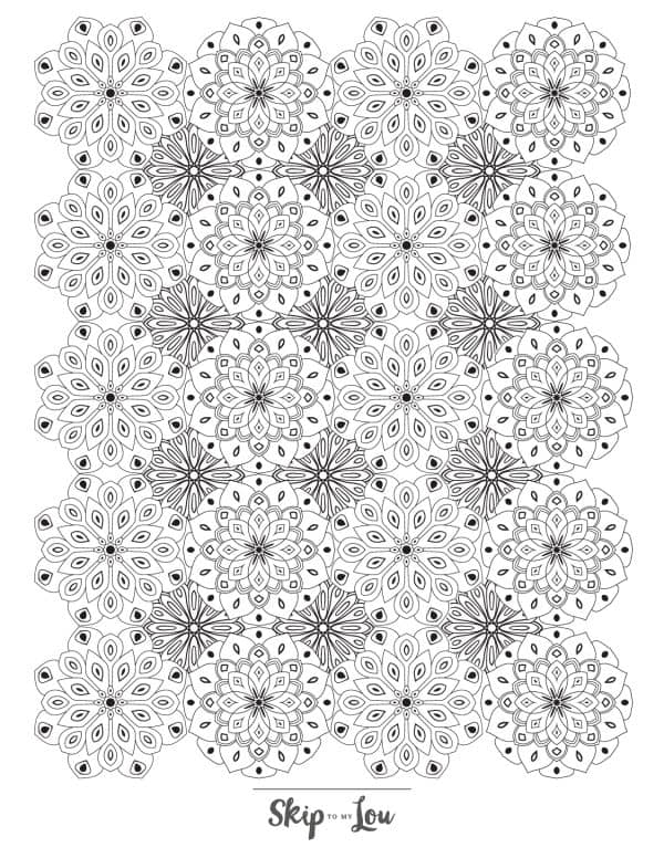 Adult coloring page of various mandala patterns.
