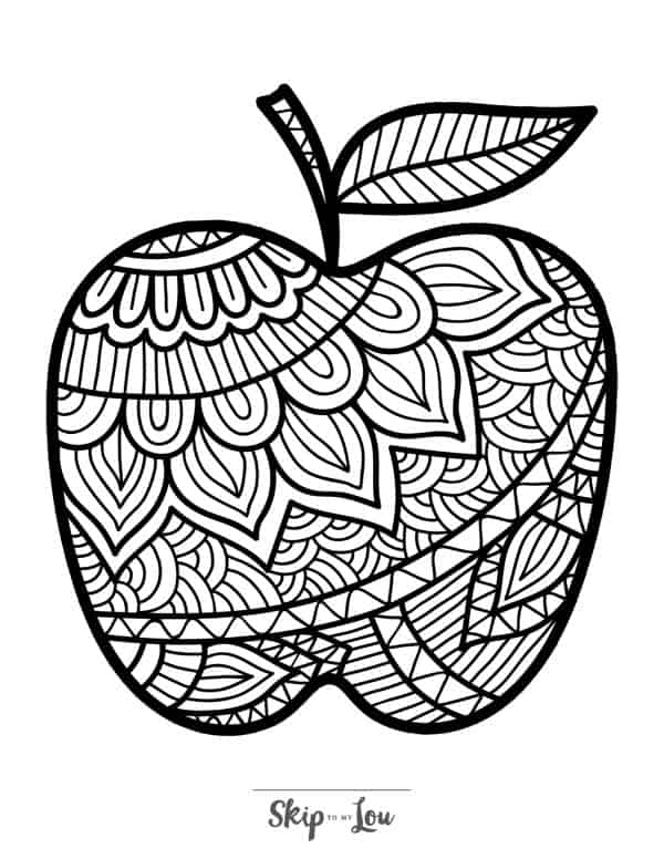 Adult coloring page of an apple made up of various patterns.