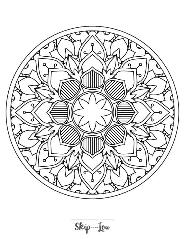 Adult coloring page of leaf patterns contained in a circle.