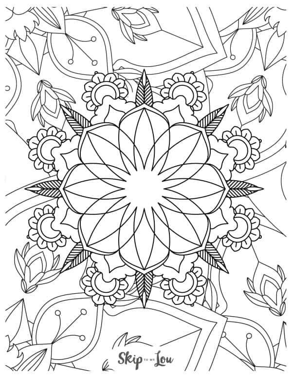 Adult coloring page of flowers and leaves.