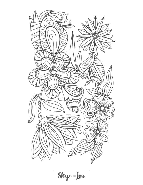Adult coloring page of intricate flower designs.