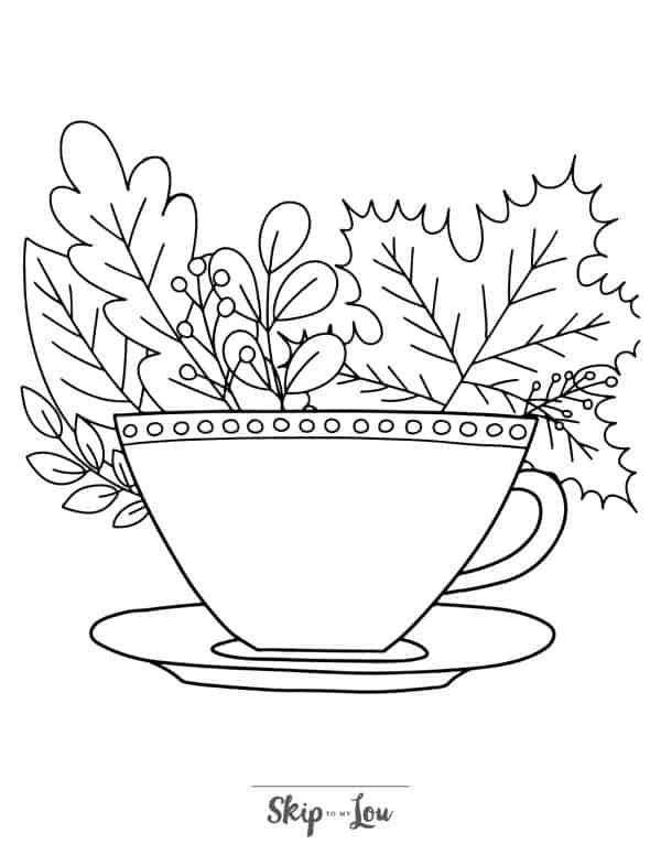 Adult coloring page of a tea cup and various leaves.