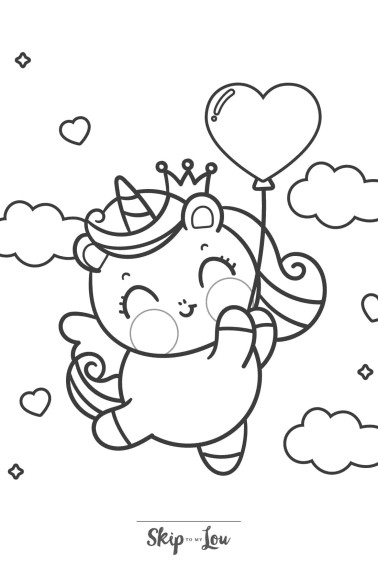 kawaii unicorn with a heart balloon cute coloring page