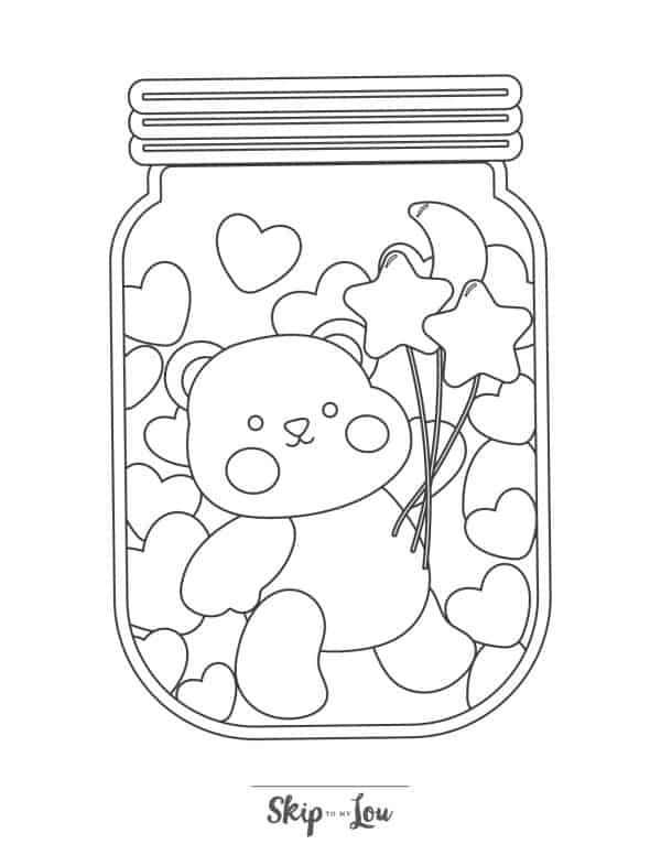 A jar featuring a cute toy, hearts and star baloons. 