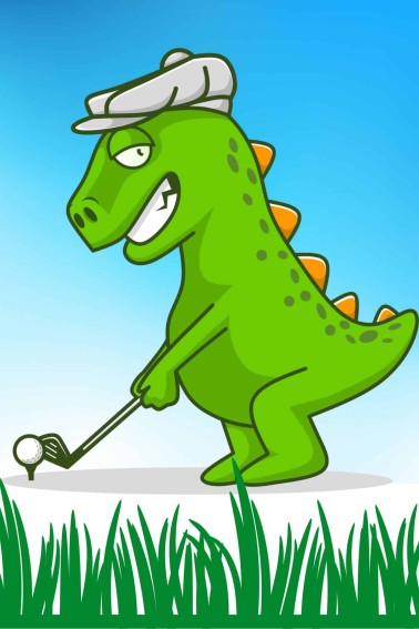 cartoon dinosaur with golf club and silly hat