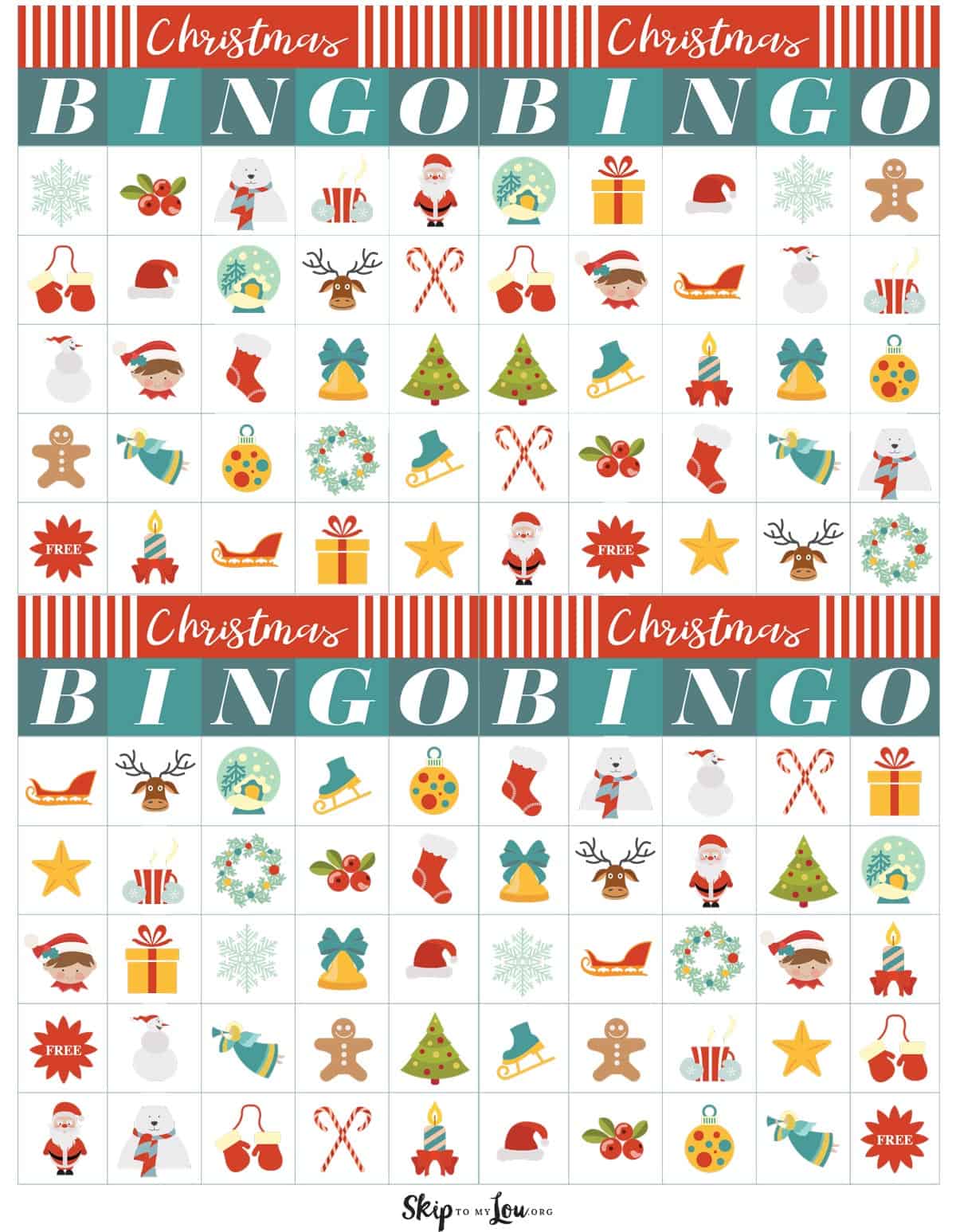 4 red and green Christmas Bingo cards with Christmas pictures instead of numbers by Skip to my Lou.
