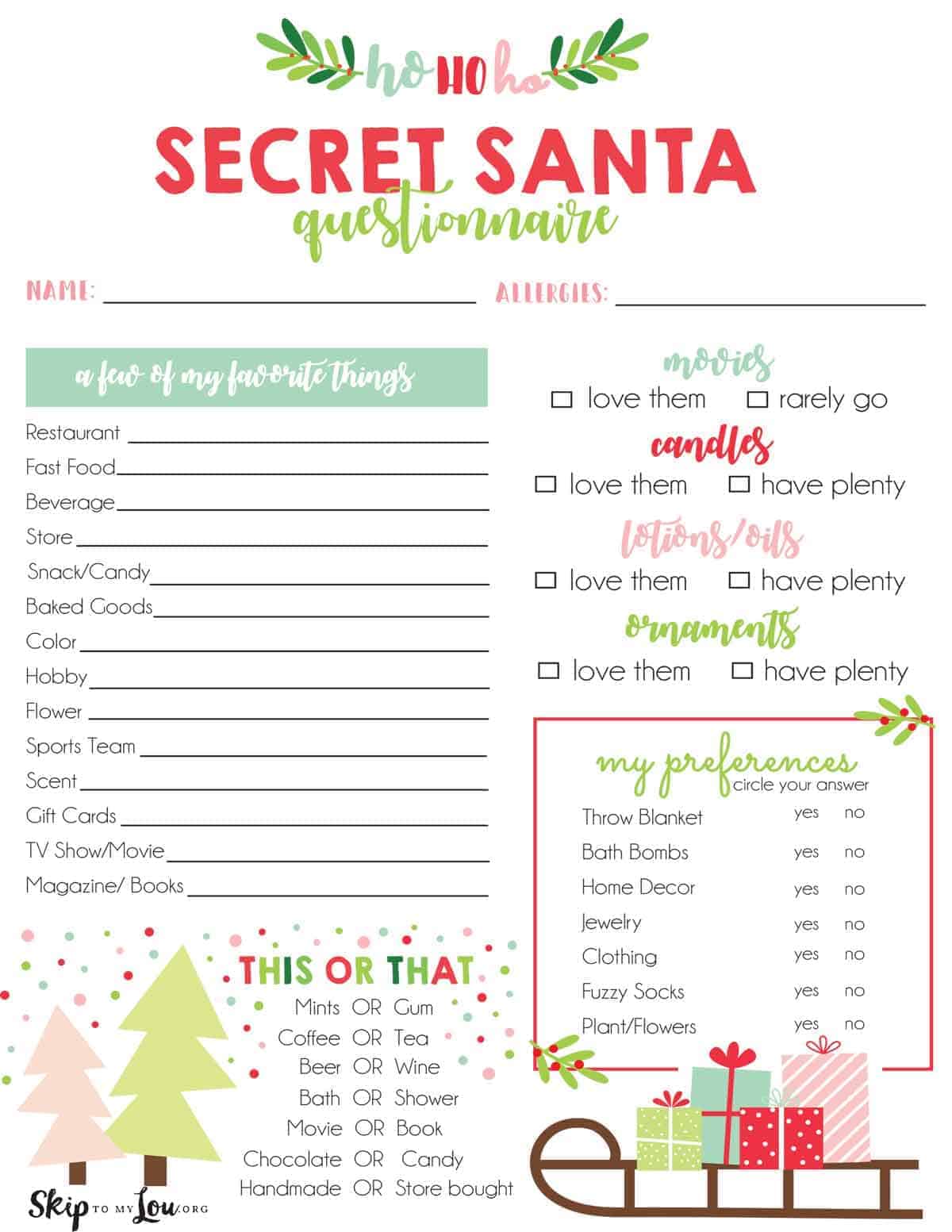 secret santa questionnaire