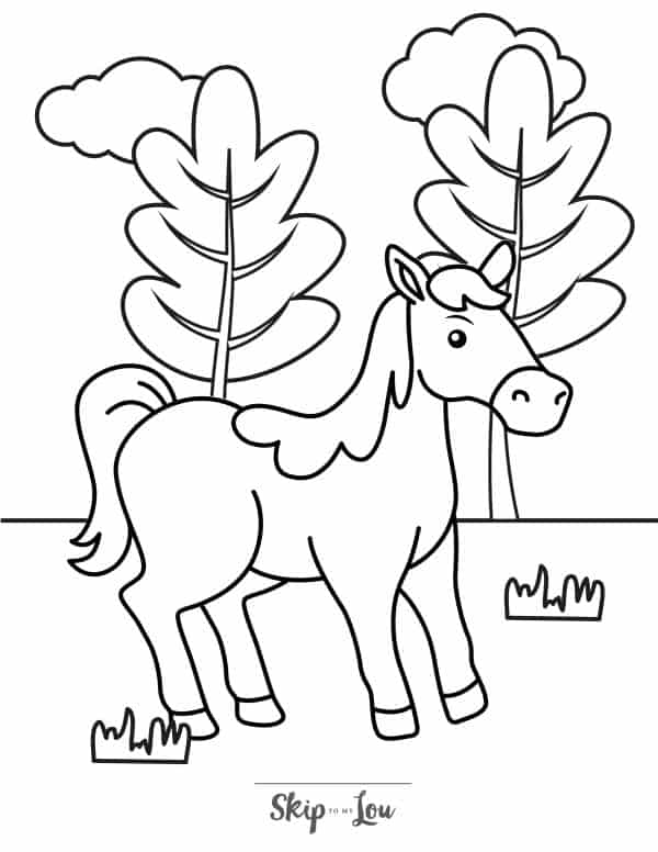 Black and white coloring page with a horse facing left with two tall trees in the background by Skip to my Lou.