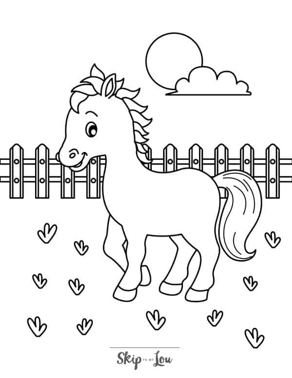 Black and white coloring page with a horse facing left with a fence in the background, sun and cloud in the sky by Skip to my Lou.