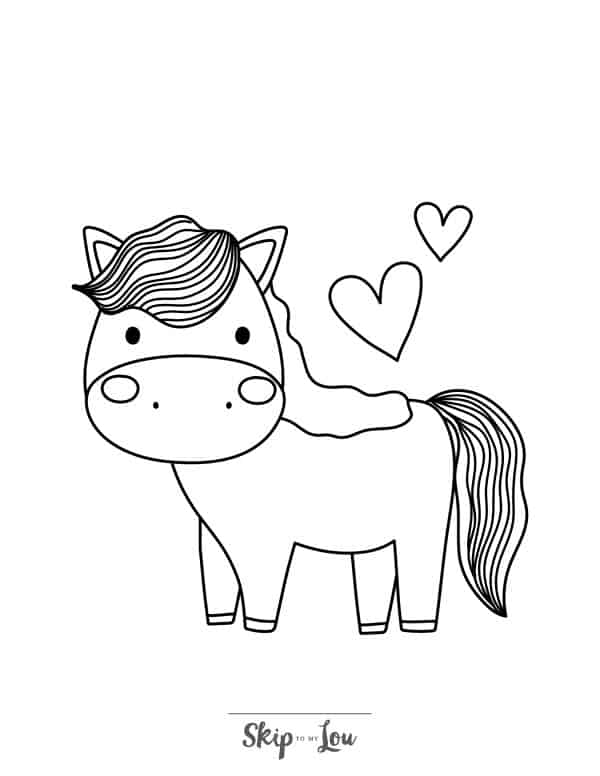 Black and white coloring page with a horse looking forward with a large oval nose and two hearts beside the mane on the right by Skip to my Lou.