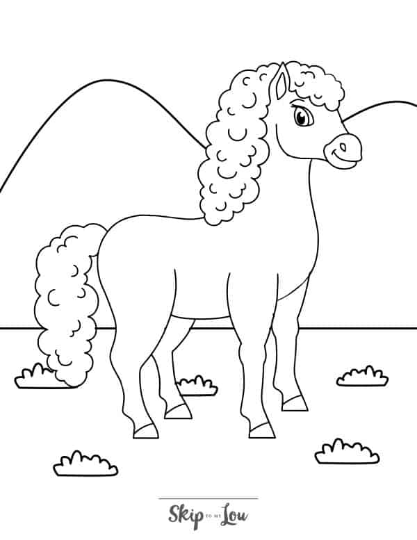 Black and white coloring page with a horse standing on the ground with mountains in the background by Skip to my Lou.
