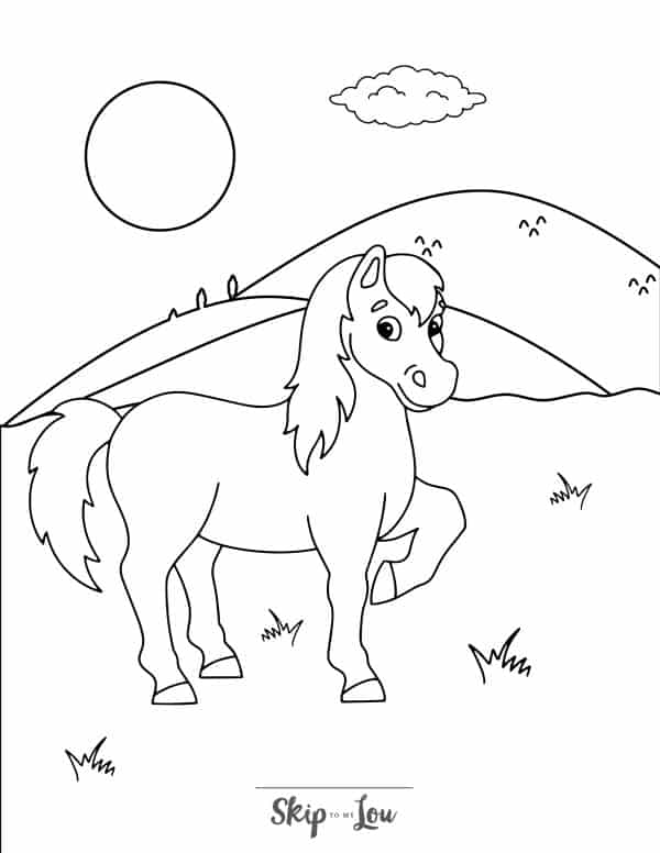Black and white coloring page with a horse standing on three legs, holding a front leg up with hoof pointed in by Skip to my Lou.
