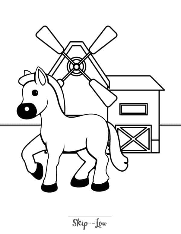 Black and white coloring page with a horse facing left with a black nose, black hooves and a windmill in the background by Skip to my Lou.