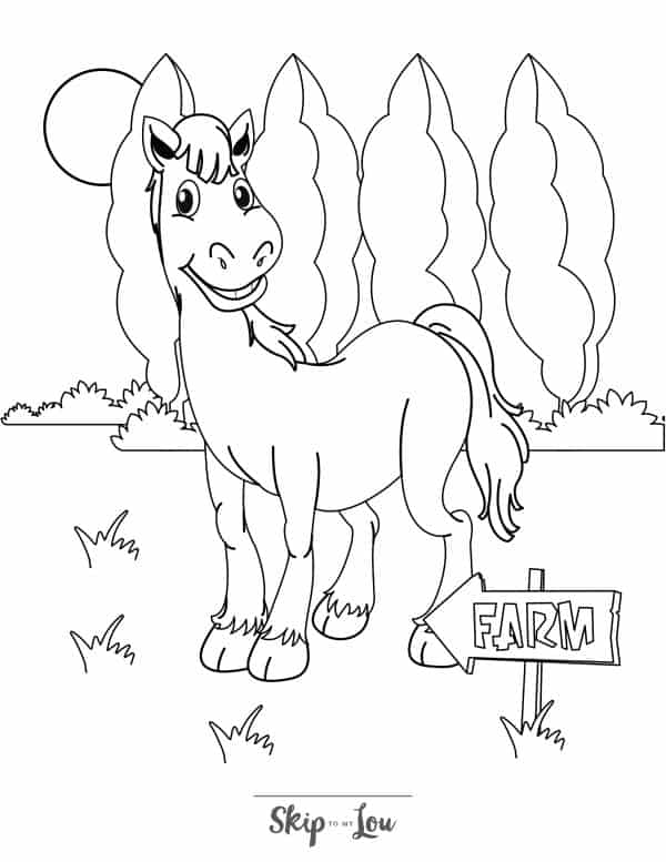 Black and white coloring page with a grinning horse standing in the grass with a farm sign pointing to the left and tall trees in the background by Skip to my Lou.