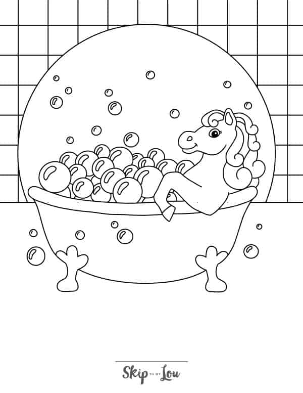 Black and white coloring page showing a horse taking a bubble bath in a claw-foot bathtub by Skip to my Lou.