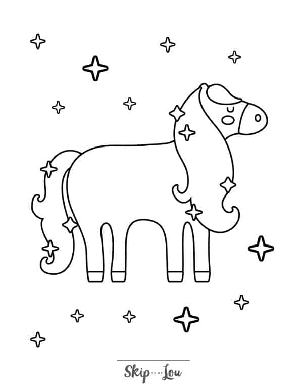 Black and white coloring page with a horse facing right, eyes closed, surrounded by stars by Skip to my Lou.