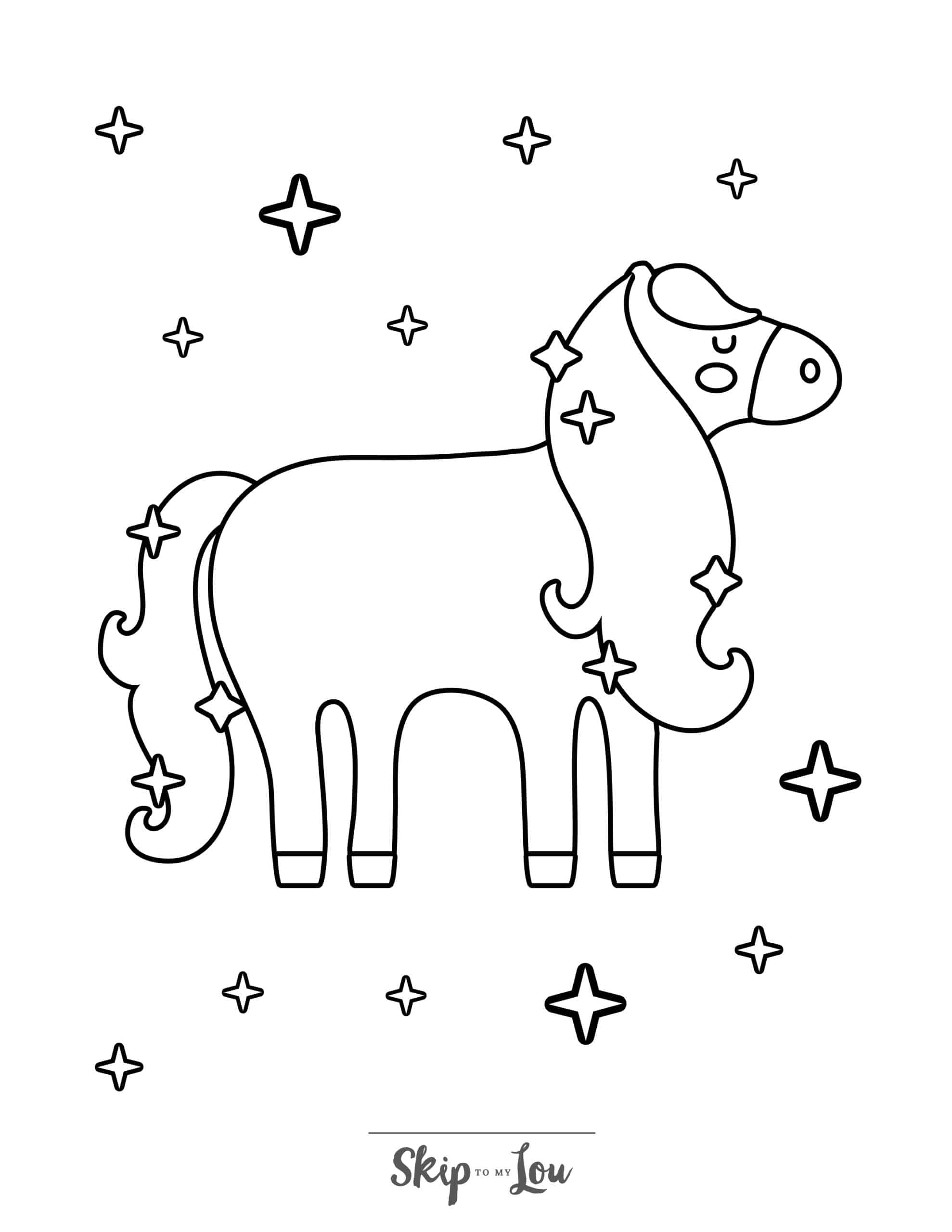 Black and white coloring page with a horse facing right, eyes closed, surrounded by stars by Skip to my Lou.