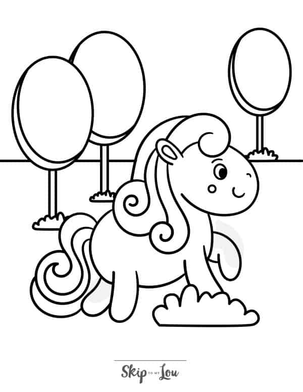 Black and white coloring page with a prancing horse with a long curling mane and tail with trees in the background by Skip to my Lou.