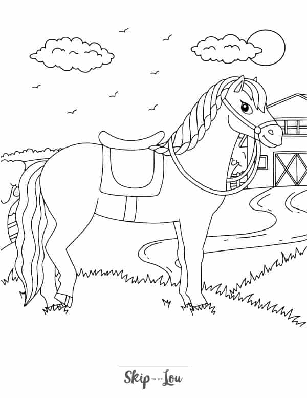 Black and white coloring page with a saddled horse and a barn in the background by Skip to my Lou.
