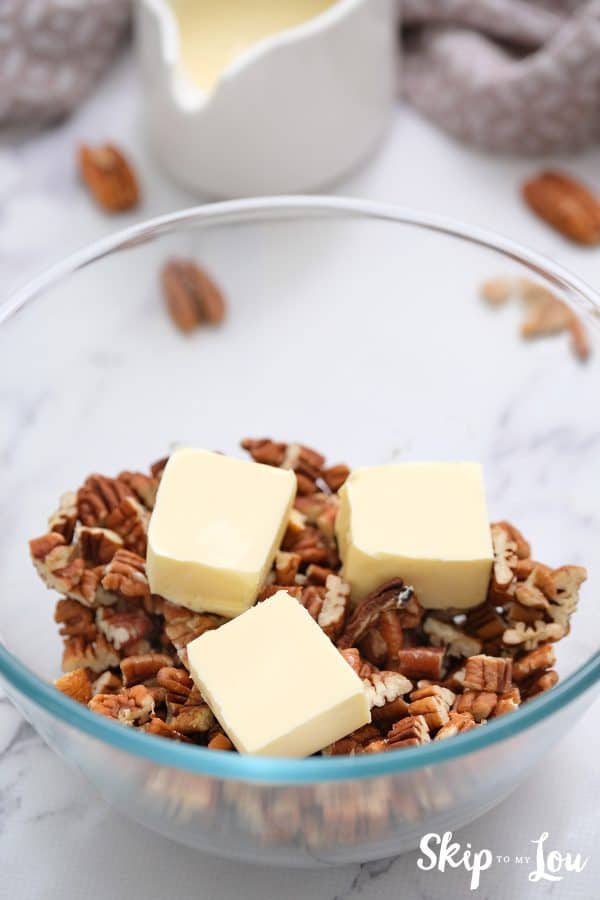 image shows the process of making a praline sauce. - Skip to my Lou