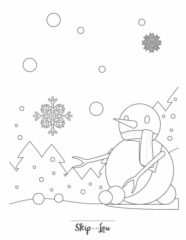 Black and white drawing of a snowman with a carrot nose, scarf and stick arms preparing to throw snow balls by Skip to my Lou.