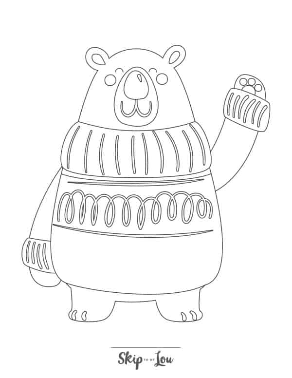 Black and white drawing of a friendly cartoon bear dressed in a winter sweater holding up his right paw to wave by Skip to my Lou.