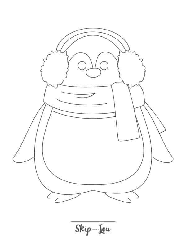 Black and white drawing of a penguin dressed in earmuffs and a scarf by Skip to my Lou.