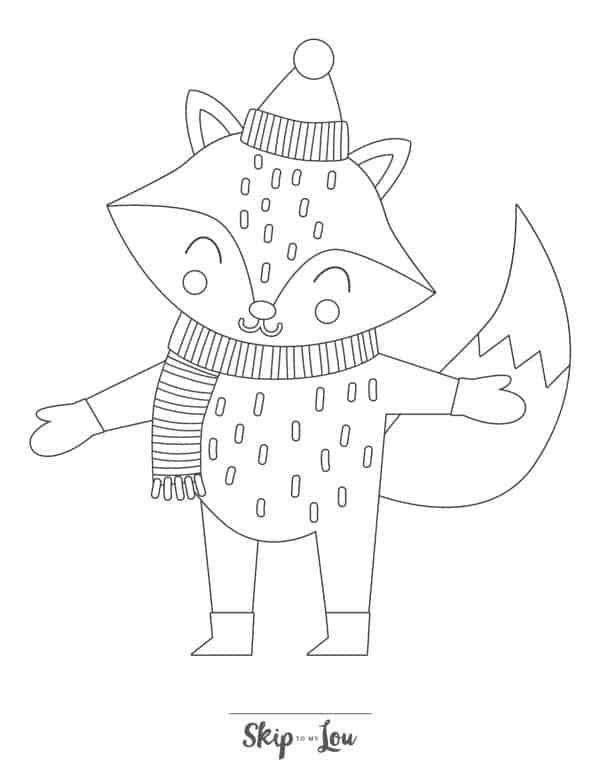 Black and white drawing of a smiling cartoon fox standing up and wearing a scarf by Skip to my Lou.