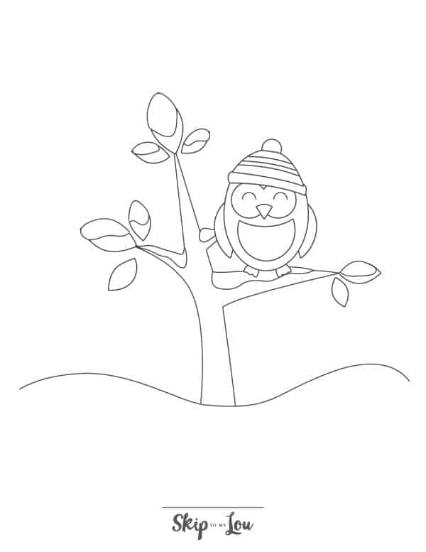 Black and white drawing of an owl wearing a cap, sitting in a tree by Skip to my Lou.