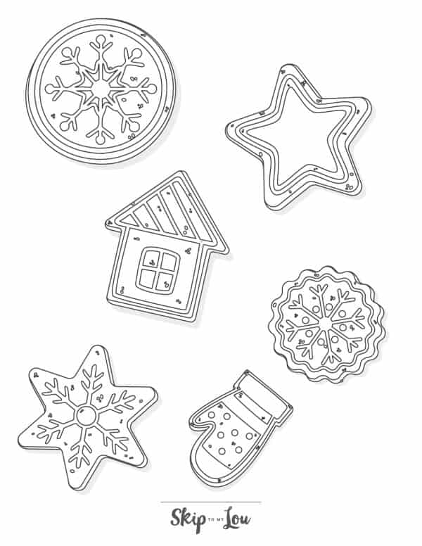 Black and white drawings of three different snowflakes a star, a house and a mitten by Skip to my Lou.