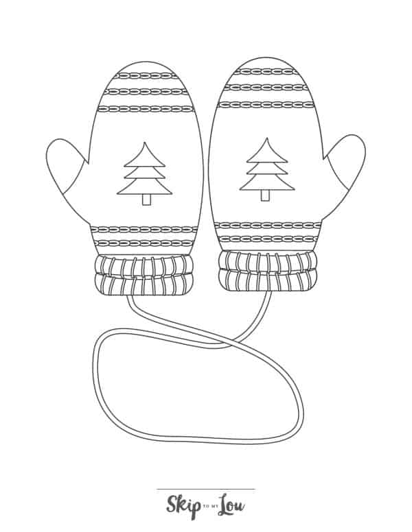 Black and white drawing of a pair of mittens with Christmas trees by Skip to my Lou.