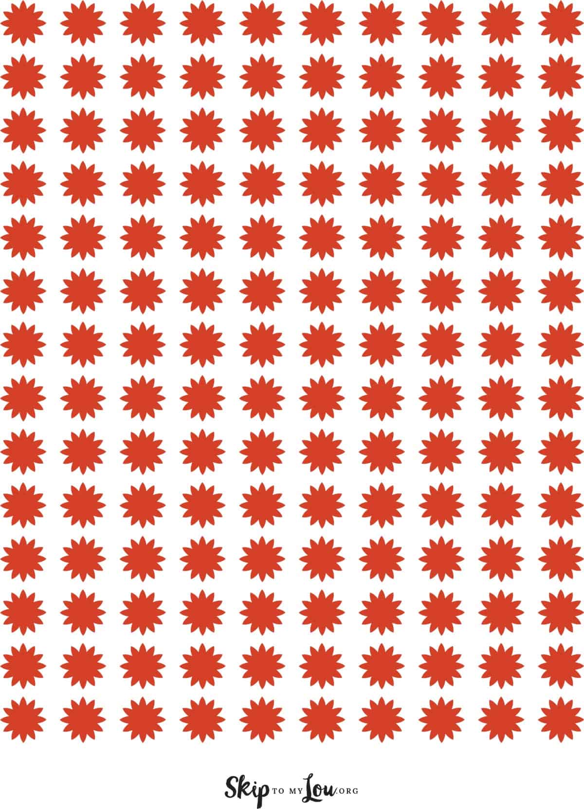 140 red starbursts arranged in 14 rows of 10 by Skip to my Lou.