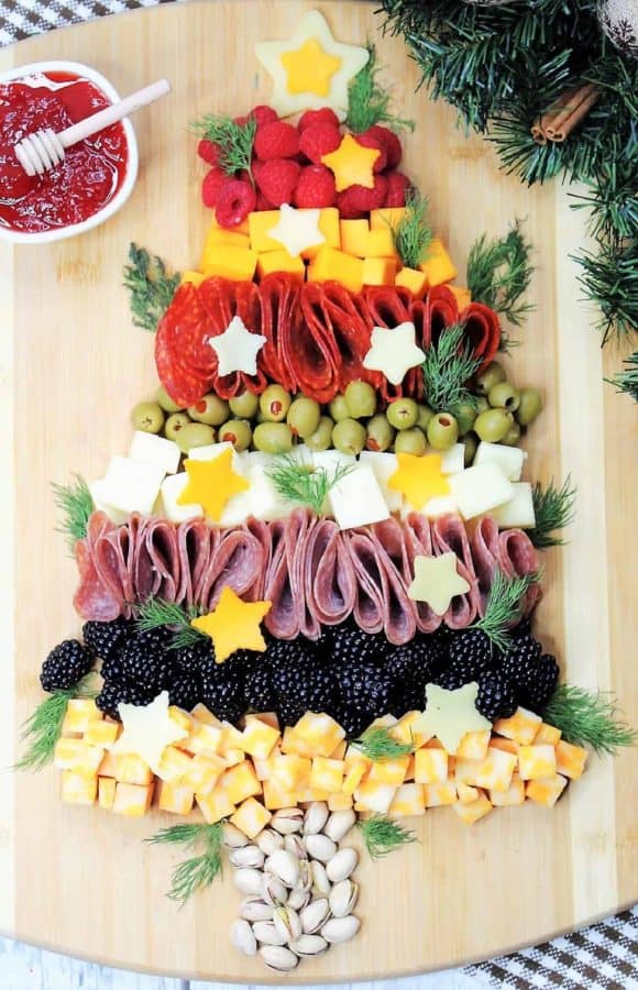 christmas tree charcuterie board ideas- a simple board with the traditional meat, cheese, and fruit
