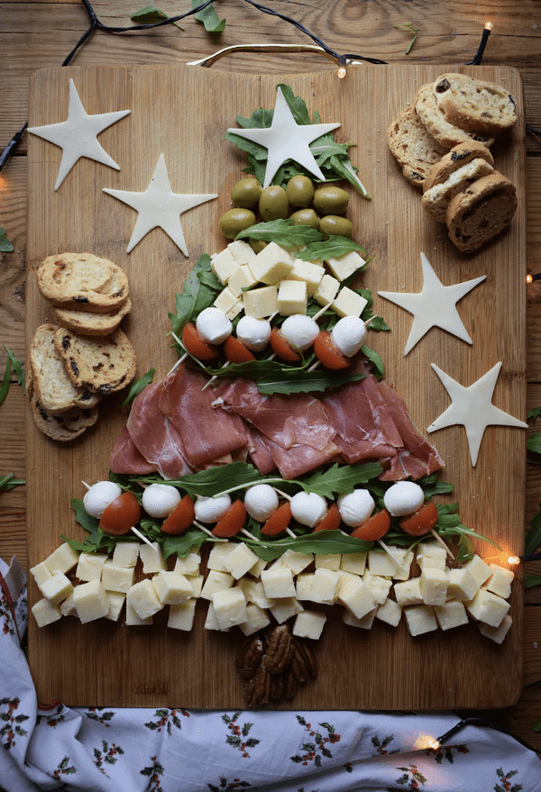 christmas tree charcuterie board ideas- a antipasto charcuterie board