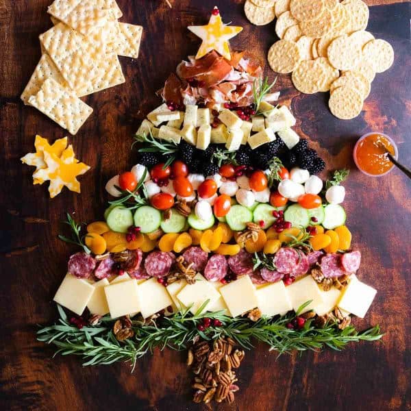 christmas tree charcuterie board ideas-large, cucumbers, tomatoes, etc. 